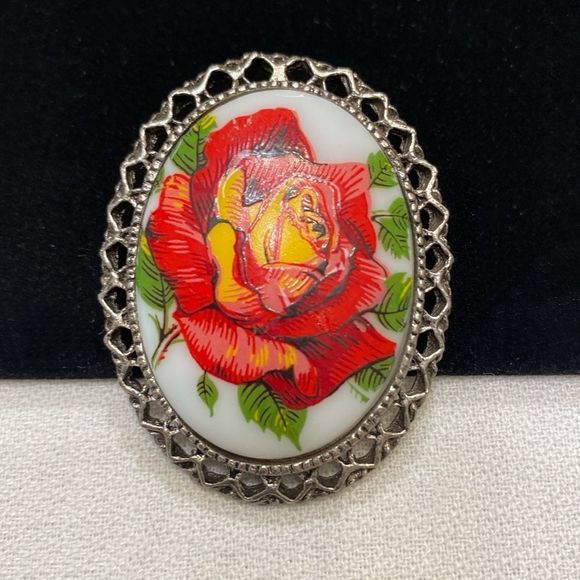 Vintage Silver Brooch With Porcelain Flower Cameo - Picture 10 of 12